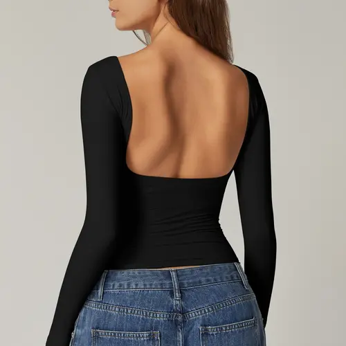QINSEN Women's Sexy Open Back Long Sleeve Shirts High Neck Double Lined Tees Fitted Going Out Tops