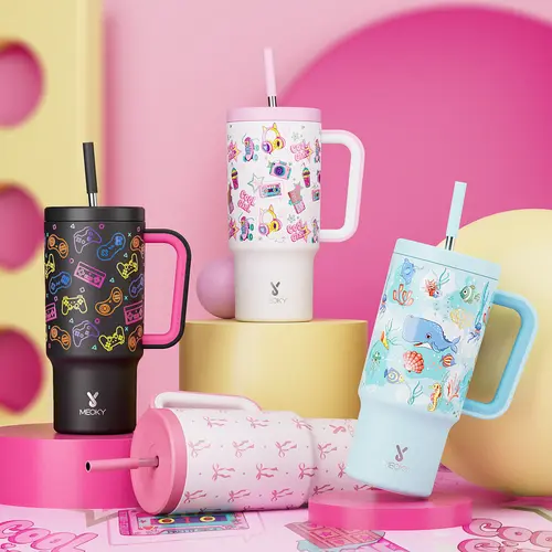 【Meoky】Insulated Vacuum Tumbler Flask Water Bottle - 24oz (500-1000ml) BPA-Free Stainless Steel, Portable, Leakproof, Handle for Carry, Straw, Stripes, Car-Ride Ready, Temp Stays Longer for Boys, Travel, School