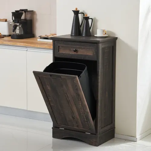 AHB 13 Gal Rectangular Wooden Tilt-Out Cabinet with Drawer, MDF Wood Panels, Pet-Proof Hidden Trashcan, Freestanding Garbage Can Organizer Cupboard (Trash Can Not Included), #SohoChic