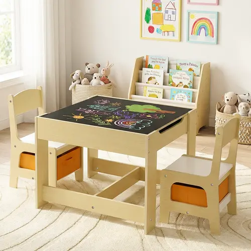 Arlopu 3-Piece Kids Table and Chairs Set, Wood Children Activity Desk Indoor Toddler Play Table and 2 Chairs Set with Storage, for Drawing Reading Crafts, Playroom, Nursery