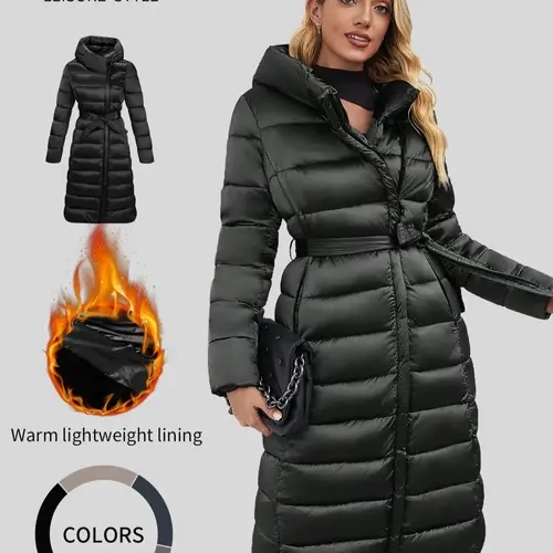 Women's Casual Fitted Hooded Puffer Jacket, Fall & Winter Thick Woven Fabric Coat, Warm Wear with Belt Included, Casual Warm Outerwear