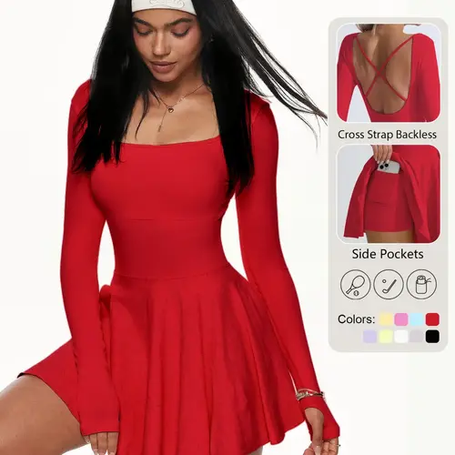 Women's Solid Criss Cross Backless 2 in 1 Sports Dress, Long Sleeve Square Neck Tennis Dress, Ladies Sportswear for Indoor Outdoor Wear