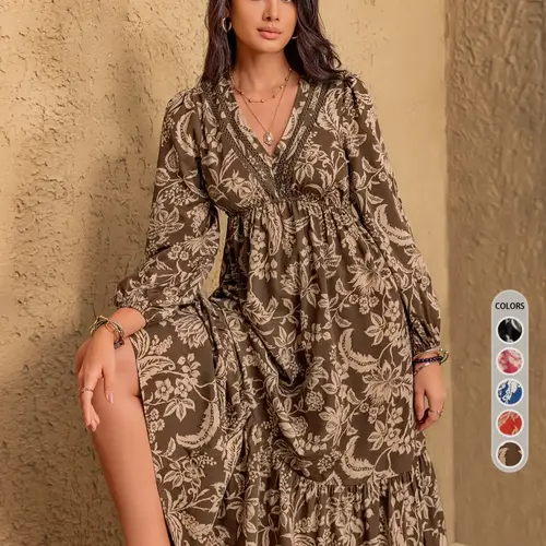 Women's Floral Print Contrast Lace Long Sleeve Ruffle Hem Dress, Casual Boho Chic Elegant Bishop Sleeve V Neck A Line Dress for Vacation Holiday, Women's Clothes Womenswear for Fall, Winter & Summer, Boho Dresses, Bohemian Style Dress, Bohemian Fashion
