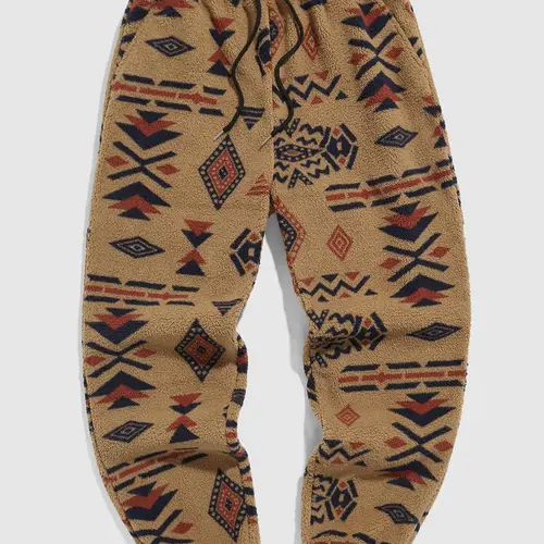 Men's Random Ethnic Pattern Drawstring Waist Thermal Pants, Loose Casual Style, Casual Loose Fit Pocket Design Trousers, Bohemian Street Trousers, Boho Trousers, Casual Trousers for Fall & Winter, Men's Bottoms for Daily Wear, Streetwear