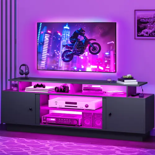 YITAHOME Modern LED TV Stand - 70In Rectangular Engineered Wood Multimedia Centre, Robust Frame, Light Strip, Storage Cabinets, Movable Partition, Easy Setup, Fits Up to 75In TVs, Living Room Furniture