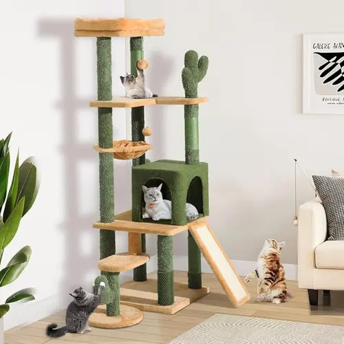 Yitahome Tall Cactus Cat Tree Tower with Self-Grooming Brush, Cute Cat Climbing Tower for Indoor Cats with Cat Condo, Top Perch, Basktet, Sisal Scratching Posts and Board,Toy Balls