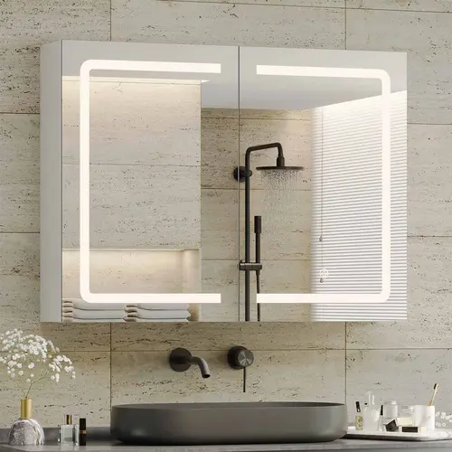Sikaic Medicine Cabinet with Mirrors and Storage, Wall Mounted Bathroom Mirror Cabinets with Led Lights, Double Doors Mirror Lighted Medicine Cabinets with Adjustable Storage Shelf, Home Furniture Christmas Gifts [SohoChic]