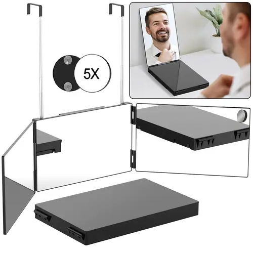 Umitec Adjustable LED Light 3-Way Rectangle Bathroom Mirror - 360° View, 5× Magnify Detail, Compact Size for Travel, Portable Trifold for Shaving, Grooming, ABS Construction