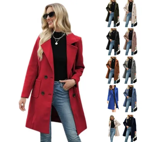 SCUSTY Women Fall Winter Wool Blend Camel Mid-Long Coat Notch Double-Breasted Lapel Jacket Outwear