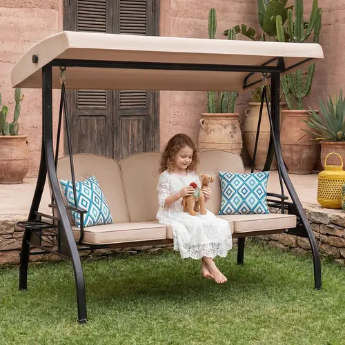 ZZWHOM Thick Foam Cushion Patio Porch Swing with Stand - 3-Seat 2-in-1 Outdoor Garden Swing Bed, Free 2-Piece Pillows & Cup Holder, Metal