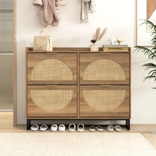 [SohoChic] Vabches Large Rattan Shoe Storage Cabinet with Flip Drawers, Hidden Golden Handles, Adjustable Shelves - Freestanding Modern Shoe Organizer for Entryway, Rustic Oak Rattan Furniture for Garage