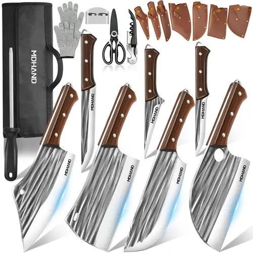 【BackToSchool】MDHAND 14pcs Kitchen Chef Tool Set, Hand-Forged High Carbon Steel with Ergonomic Handles, Butcher, Meat Cleaver, Boning & Viking Styles, for Cooking & Cutting, Sharpening-Ready with Knife Bag