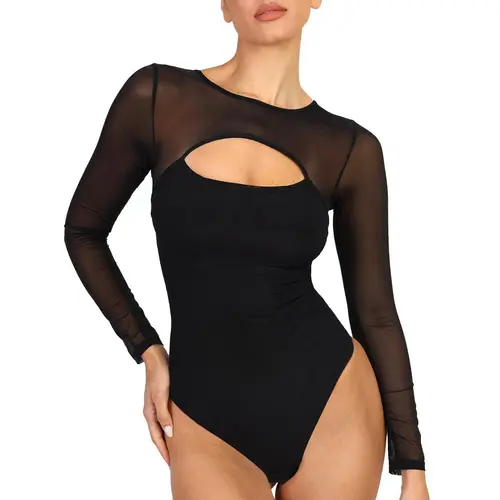 FeelinGirl Mesh Long Sleeve Shapewear Bodysuit Soft Womenswear Breathable Valentine's Day Fabric Simple Springtok