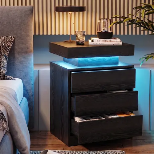 LIKIMIO Modern Night Stand with Charging Station, LED Light and 2-3 Drawers - Furniture for Small Spaces, Bedroom Bedside Table/End Table,dorm essentials,home decor