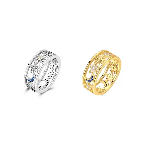 MULA Silver-Plated Sun Moon Stars Hollow Cutout Moon Ring - Zircon-Inlaid, Light Luxury Starry Sky Design, Lightweight Band, Ideal for Women’s Casual Daily Wear or Gifting, Moon Ring Rings
