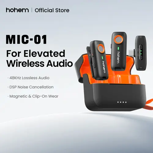 hohem MIC-01 Chargeable Wireless Lavalier Microphone with DSP Noise Cancellation, 20-Hour Battery, Audio Accessory for Android, PC, Camera (2 TX + 1 RX + Charging Case), Compatible with hohem iSteady M6/MT2/Mobile+/iPhone 17 Series for Interviews, Vlogs,