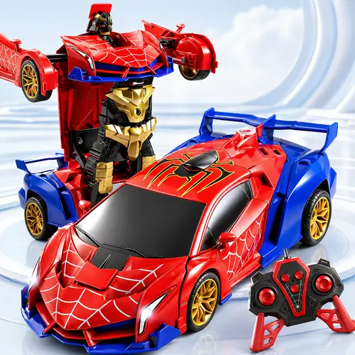 Spider Transforming RC Car Robot for Kids, 1:18 Remote Control Supercar with LED Lights, 360 Spin and One Button Transform