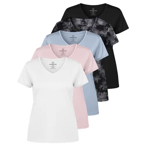 Real Essentials 5 Pack: Women's Dry-Fit Short Sleeve V Neck T Shirt Workout Fitness Yoga Top Tee (Available In Plus Size)
