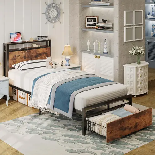 LIKIMIO Metal Wooden Platform Bed Frame, Storage Bed Frame with Drawers&Charging Ports, Storage Headboard, No Box Spring Needed, Sturdy Quick Easy Assembly