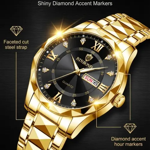 Men's Business Fashion Rhinestone Decor Analog Quartz Watch, Calendrier Waterproof Watch for Party, Daily Decor, Trendy Watch for Birthday Gift with Box, Stainless Steel Wristwatch, Rhinestone Embellished Watch