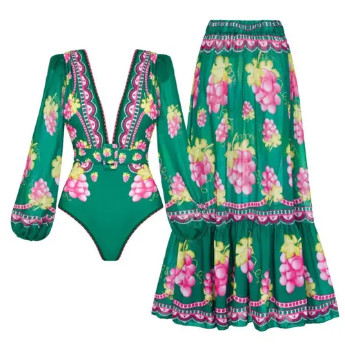 FLAXMAKER Women's Long Sleeved Plunge Green Print One-Piece Swimsuit and Matching Cover Skirt Sets Floral Pattern Bathing Suits Beach Outdoor Wear Stylish Beachwear #Summervibes# outdoorfun #SwimWeek tiktokshopbacktoschool