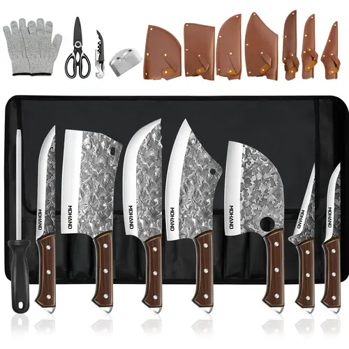 【BackToSchool】14pcs Set-a Non-Stick High Carbon Stainless Steel Kitchen Knives Set with Bottle Opener, Ergonomic Handles, Finger Guards - Sharp for Meat Cutting, Ideal Kitchenware for Women’s Cooking (Includes Sharpening Note), Moire/Stripes