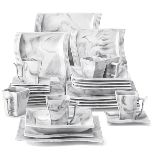 MALACASA Stylish Glossy Porcelain Tableware Set for 6, Square Dinnerware with Dinner Plates, Dessert Plates, Soup Bowls, Mugs, Oven-Safe Modern Flora Series Kitchenware for Home, Kitchen Supplies