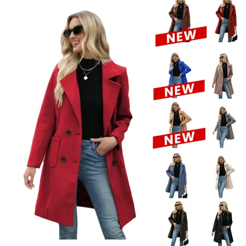 UANEO Women Winter Wool Blend Camel Mid-Long Coat Notch Double-Breasted Lapel Jacket Outwear