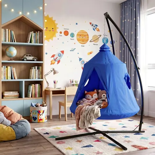 Arlopu X-Shaped Hanging Tree Tent with Swing Chair, Metal Hanging Hammock with LED Lights, 330 LBS Weight Capacity, Adjustable Solid Stand, Kids Play House,