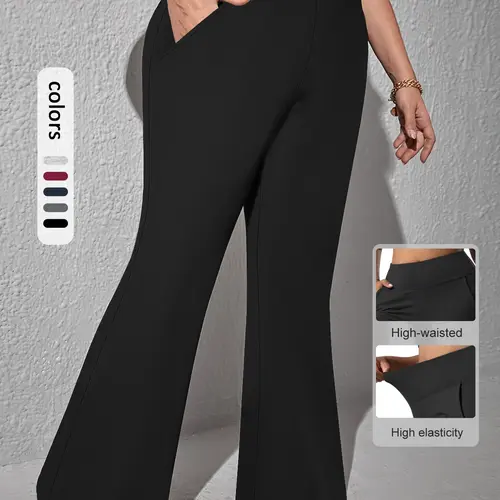 Plus Size Basic Solid-Color High-Waist Flare-Leg Pants, Casual Comfy Breathable Fabric Bell-Bottom Pants for Daily Wear, Women's Bottoms Womenswear for Fall & Winter, Casual Fashion Bottoms
