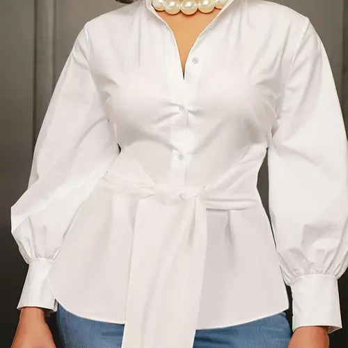 [Plus Size] Solid Belted Button Front Shirt Blouse, Elegant Chic Long Sleeve Bishop Sleeve Collared Fitted Top for Women, Button Up Tops, Womenswear Women's Clothing for Spring & Summer