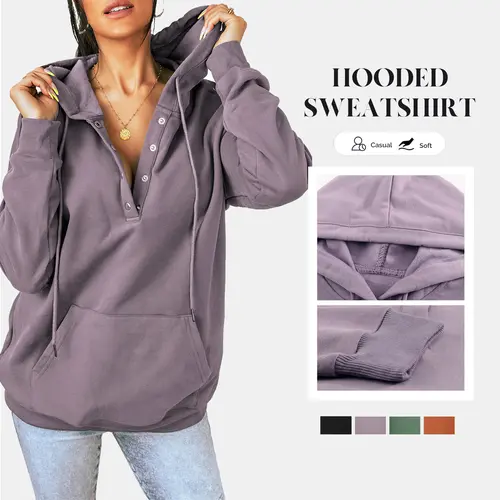 Shewin Women's Hooded Sweatshirt, Casual Oversized Cotton Henley Top with Pocket, Aesthetic Pullover for Layering Outfits, Baggy, Women's Tops, Sweatshirts For Women,clothes for back to school,first day of school outfits
