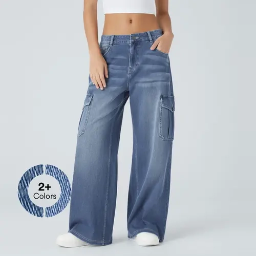 Halara Magic Low Rise Multiple Pockets Stretchy Knit Casual Wide Leg Cargo Jeans
