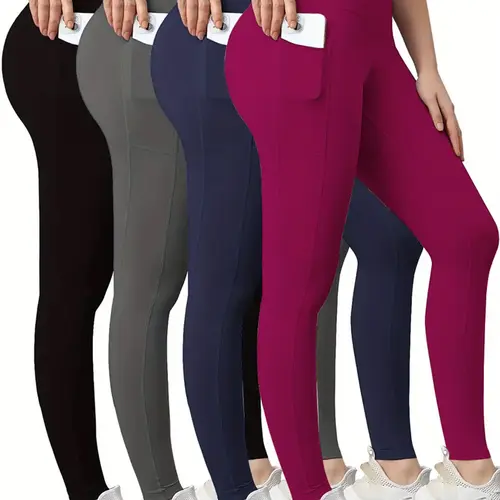 4pcs High Waist Yoga Leggings With Pocket For Women, Solid Color, Tight Fit, Women's Activewear summerwins Fitness Clothes Gym Workout Sportswear