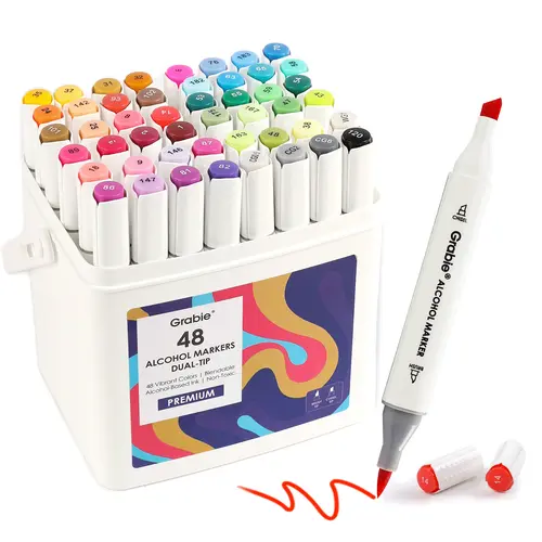 Grabie Dual Tip Alcohol Based Marker Set Of 48 With Coloring Book colorful markers brushmarkers alcohol marker, blending, creative, vibrant hues, relaxation, versatile, DealsForYouDays, Colored Brush Markers, Dual Tip Pens