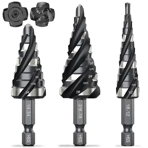 【BackToSchool】THINKWORK 3-Pc HSS Step Drill Bit Set with Tool Box 1/4" Shank for Aluminum Wood & Plastic Cobalt Step Universal Power Drilling Tools - Hardware