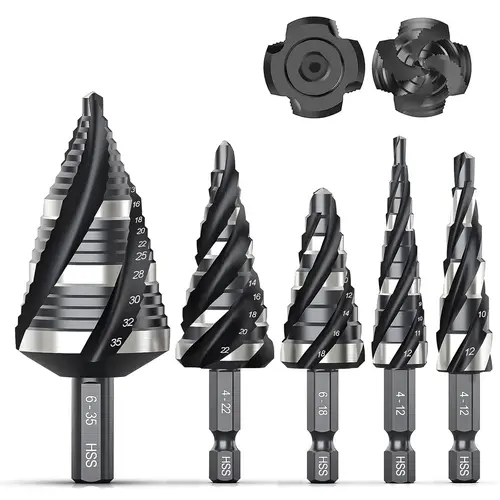 【BackToSchool】THINKWORK Four Spiral Flute Step Drill Bit Set Metric 5 Pcs HSS Step Drill Bits 6mm & 10mm Shank for Aluminum Wood Plastic Anti Friction Blade Tool