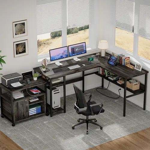Cyclysio 47in Reversible Sturdy L-Shaped Gaming Corner Desk - Office Furniture with Charging Station, Storage Shelves, Easy Assembly, L-Shaped Modular Desk for Home Office, Man Cave Use, Room Furnishings, Corner Desks, Desks For Gaming