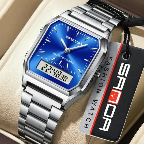 Men's Business Fashion Square Analog-digital Quartz Watch, Stainless Steel Square Dial Wristwatch, Fashion Waterproof Watch with Luminous & Alarm Function, Trendy Multifunctional Watch for Daily Life, Fashionable Wristwatch