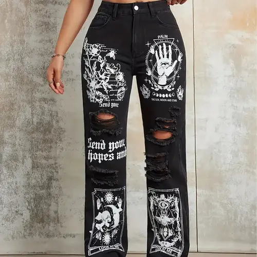 Women's Ripped Graphic Print High Waist Jeans, Fashion Casual Pocket Button Straight Leg Trousers for Daily Outdoor Wear, Women Denim for All Seasons, Distressed Jean, High Waisted Ripped
