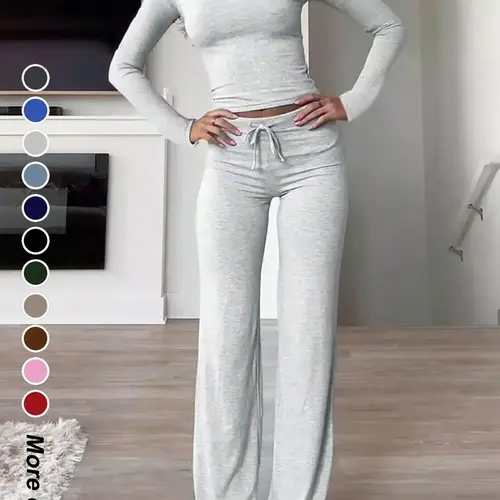 Women's Solid-Color Long-Sleeve Soft Thick Knit Fabric Crop Tee & High-Waisted Drawstring Pants Two-Piece Set, Clothes, Basic Casual Slim-Fit Everyday Outfit for Fall and Winter, Womenswear