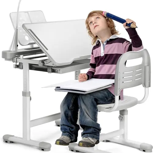 Rengue Kids Desk and Chair Set Height Adjustable School Study Desk and Chair with 55° Tiltable Desktop, 3 Modes&3 Brightness LED Lamps, Storage Drawer and Metal Hook for Boys Girls, Grey