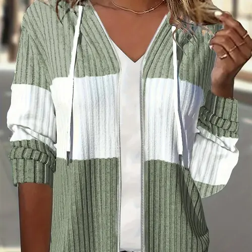 【Plus Size】 Colorblock Adjustable Drawstring Hooded Coat, Casual Hoodie Jacket Long Sleeve Zip Up Outerwear for Fall & Winter, Womenswear for Daily Wear
