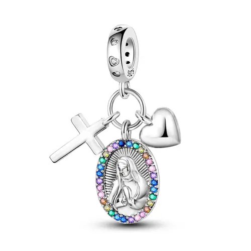 MULA Silver-Plated Heart-Shaped Cross & Virgin Mary Charm Pendant with Rainbow Zirconia, Anti-Oxidation Religious Women's Costume Jewelry, Faith-Inspired Elegant Charms & Pendants, Confirmation Womens Gifts, Spiritual Jewelry