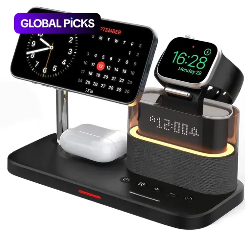 5-in-1 Wireless Charging Station with Clock and LED Night Light, Charging Dock for iPhone, Apple Watch and AirPods, Electronic Gadgets #GLOBAL PICKS