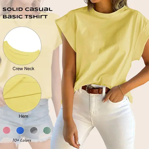 Imily Bela Womens Summer Cap Sleeve Tank Top Crew Neck Solid Casual Loose Fit Basic Tee Shirt