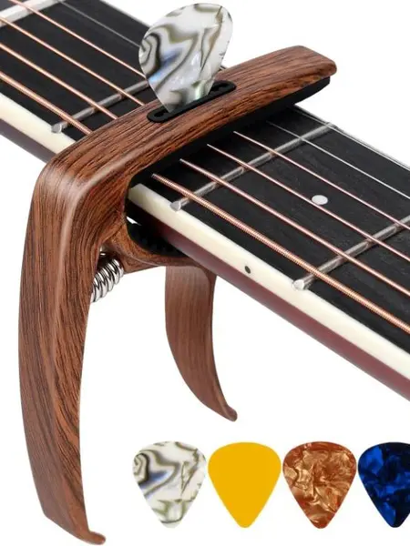 3-in-1 Compact Guitar Capo Pack - Multifunctional Musical Accessory with Steel Spring, Pick Holder, 4 Picks; Portable for Acoustic, Electric Guitars, Ukuleles, Guitar Pack