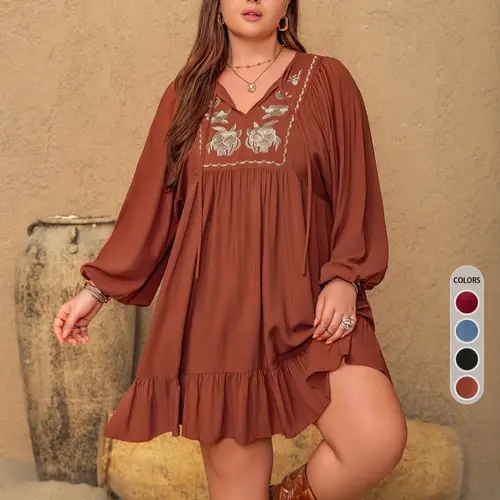 [Plus Size] Floral Embroidery Tie Neck Dress, Boho Embroidered Bishop Sleeve Woven Casual Wear Dress for Fall & Winter, Women's Clothes for Vacation Holiday, Bohemian, Casual Boho Fashion, Boho Style Clothes