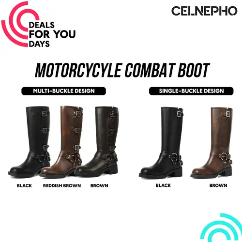 CELNEPHO Motorcycle Combat Boots for Women Round Toe Chunky Block Vintage Heel Metal Buckle Design Comfy Easy Pull on Rocky Boots Gift Party Date Bike Riding Casual Long Tall Punk Summer Footwear Fashion Dress Shoes