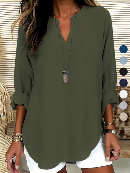 Women's Plain Notched Neck Drop Shoulder Blouse Shirt, Casual Minimalist Long Sleeve Top for Spring & Fall, Women's Clothing for Daily Wear, Casual Chic Top